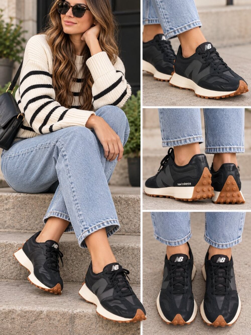 SUPER RARE! New Balance 327 Women's Leather Sneaker Black Sea Salt Sz 6.5